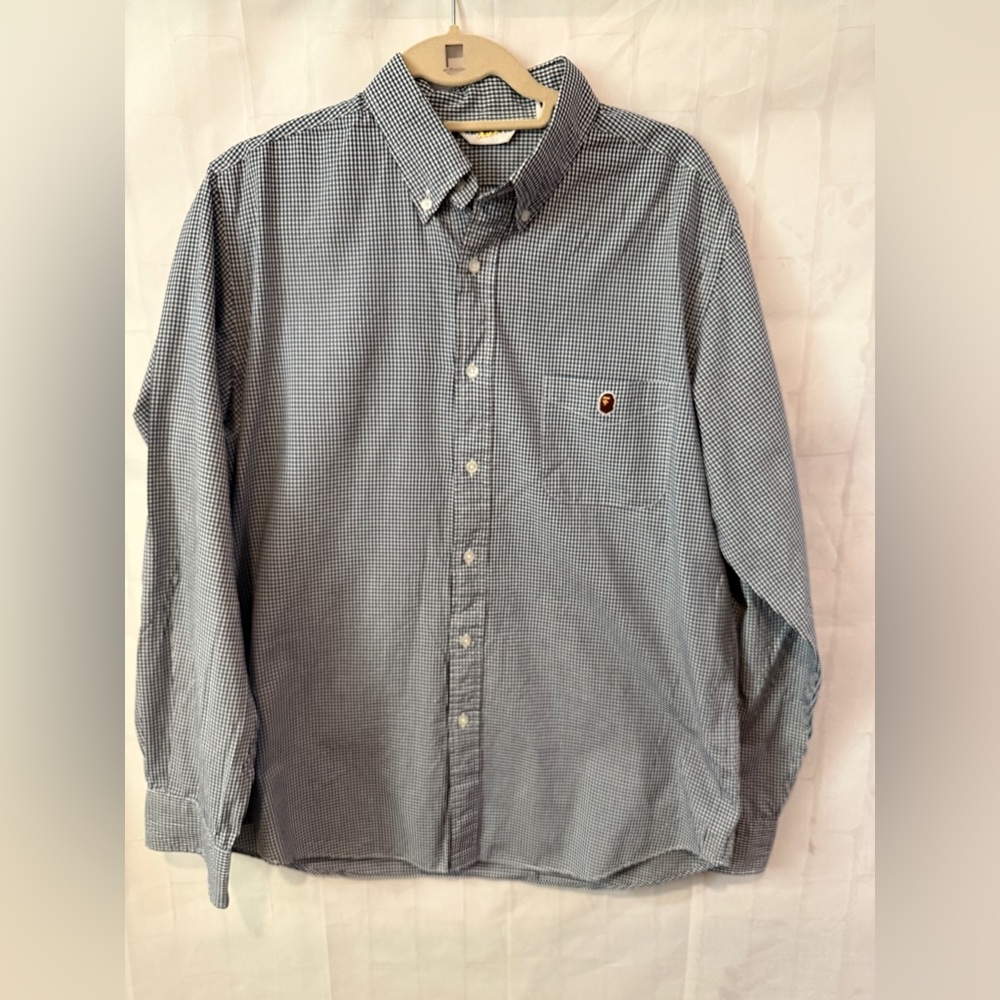 A Bathing Ape BAPE Men’s Button-Down Shirt White &Navy Gingham Check Size XL